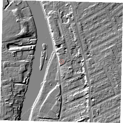 Shaded relief map of the ground around KT25BA, computed from Environment Agency LiDAR. The ground here sits at about 8 m above sea level and falls 6 m across the surrounding 800 m. Surface water reaching this point runs off ground lying to the east, 2.9 m higher.