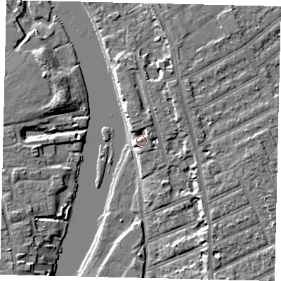 Shaded relief map of the ground around KT25BB, computed from Environment Agency LiDAR. The ground here sits at about 9 m above sea level and falls 6 m across the surrounding 800 m. Surface water reaching this point runs off ground lying to the north-north-east, 2.9 m higher.