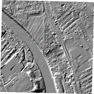 Shaded relief map of the ground around KT25BD, computed from Environment Agency LiDAR. The ground here sits at about 9 m above sea level and falls 6 m across the surrounding 800 m. Surface water reaching this point runs off ground lying to the north-west, 0.7 m higher.
