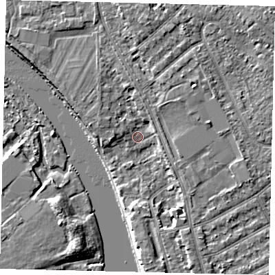 Shaded relief map of the ground around KT25BE, computed from Environment Agency LiDAR. The ground here sits at about 7 m above sea level and falls 6 m across the surrounding 800 m. Surface water reaching this point runs off ground lying to the north-north-east, 3.0 m higher.