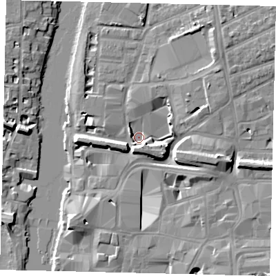 Shaded relief map of the ground around KT25BG, computed from Environment Agency LiDAR. The ground here sits at about 5 m above sea level and falls 11 m across the surrounding 800 m. Surface water reaching this point runs off ground lying to the east-south-east, 7.8 m higher.