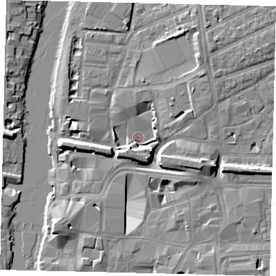Shaded relief map of the ground around KT25BJ, computed from Environment Agency LiDAR. The ground here sits at about 6 m above sea level and falls 10 m across the surrounding 800 m. Surface water reaching this point runs off ground lying to the east-south-east, 7.8 m higher.
