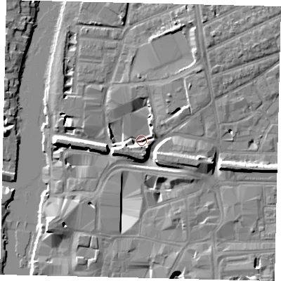 Shaded relief map of the ground around KT25BS, computed from Environment Agency LiDAR. The ground here sits at about 6 m above sea level and falls 11 m across the surrounding 800 m. Surface water reaching this point runs off ground lying to the east-south-east, 7.8 m higher.