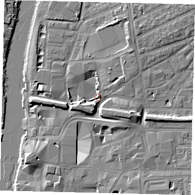 Shaded relief map of the ground around KT25BU, computed from Environment Agency LiDAR. The ground here sits at about 6 m above sea level and falls 10 m across the surrounding 800 m. Surface water reaching this point runs off ground lying to the east-south-east, 7.8 m higher.