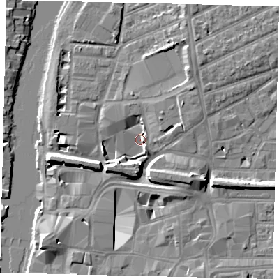 Shaded relief map of the ground around KT25BY, computed from Environment Agency LiDAR. The ground here sits at about 5 m above sea level and falls 10 m across the surrounding 800 m. Surface water reaching this point runs off ground lying to the south-east, 7.8 m higher.