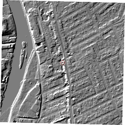 Shaded relief map of the ground around KT25DA, computed from Environment Agency LiDAR. The ground here sits at about 8 m above sea level and falls 6 m across the surrounding 800 m. Surface water reaching this point runs off ground lying to the south-south-east, 2.9 m higher.