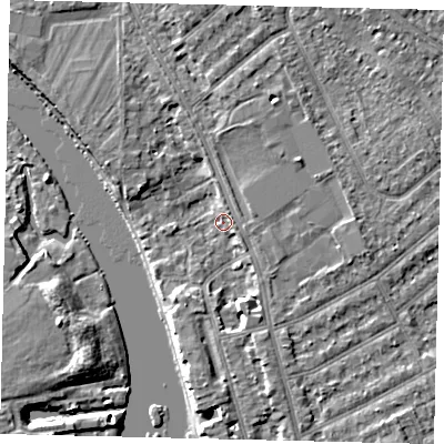 Shaded relief map of the ground around KT25DH, computed from Environment Agency LiDAR. The ground here sits at about 8 m above sea level and falls 5 m across the surrounding 800 m. Surface water reaching this point runs off ground lying to the south-south-east, 3.4 m higher.