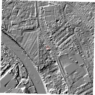 Shaded relief map of the ground around KT25DJ, computed from Environment Agency LiDAR. The ground here sits at about 8 m above sea level and falls 6 m across the surrounding 800 m. Surface water reaching this point runs off ground lying to the north-north-east, 2.6 m higher.