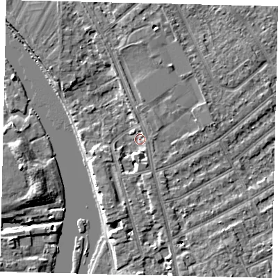 Shaded relief map of the ground around KT25DQ, computed from Environment Agency LiDAR. The ground here sits at about 8 m above sea level and falls 5 m across the surrounding 800 m. Surface water reaching this point runs off ground lying to the south-south-east, 3.4 m higher.
