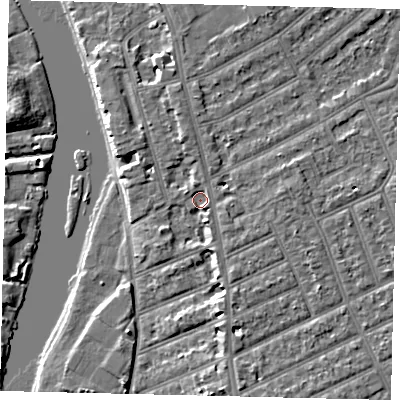 Shaded relief map of the ground around KT25DT, computed from Environment Agency LiDAR. The ground here sits at about 8 m above sea level and falls 6 m across the surrounding 800 m. Surface water reaching this point runs off ground lying to the south-south-east, 2.9 m higher.