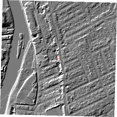 Shaded relief map of the ground around KT25DZ, computed from Environment Agency LiDAR. The ground here sits at about 8 m above sea level and falls 6 m across the surrounding 800 m. Surface water reaching this point runs off ground lying to the south-south-east, 1.0 m higher.
