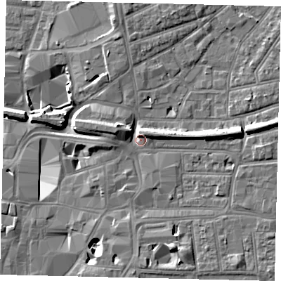 Shaded relief map of the ground around KT25EB, computed from Environment Agency LiDAR. The ground here sits at about 8 m above sea level and falls 11 m across the surrounding 800 m. Surface water reaching this point runs off ground lying to the east, 6.2 m higher.