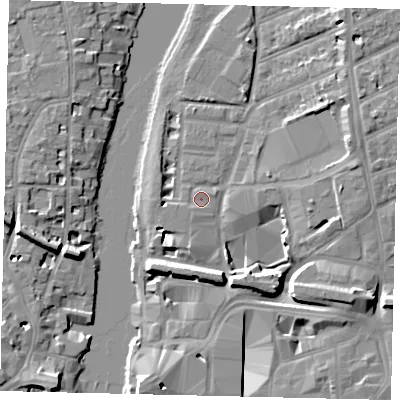 Shaded relief map of the ground around KT25FD, computed from Environment Agency LiDAR. The ground here sits at about 7 m above sea level and falls 10 m across the surrounding 800 m. Surface water reaching this point runs off ground lying to the south-west, 0.6 m higher.