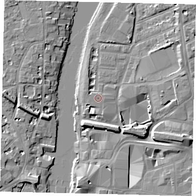Shaded relief map of the ground around KT25FE, computed from Environment Agency LiDAR. The ground here sits at about 7 m above sea level and falls 10 m across the surrounding 800 m. The ground contributing surface water to this point lies to the south-west.
