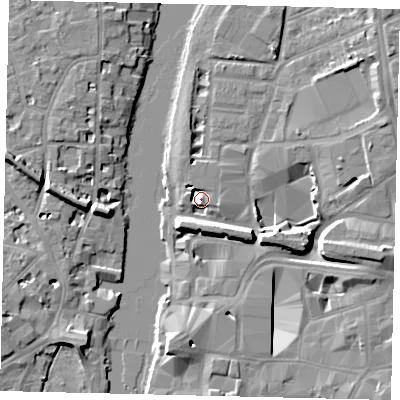 Shaded relief map of the ground around KT25FF, computed from Environment Agency LiDAR. The ground here sits at about 7 m above sea level and falls 10 m across the surrounding 800 m. Surface water reaching this point runs off ground lying to the east-south-east, 8.9 m higher.
