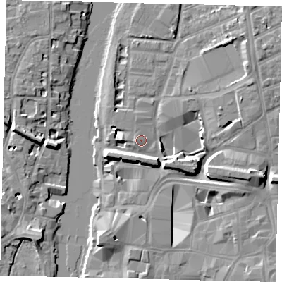 Shaded relief map of the ground around KT25FH, computed from Environment Agency LiDAR. The ground here sits at about 7 m above sea level and falls 10 m across the surrounding 800 m. Surface water reaching this point runs off ground lying to the west, 1.3 m higher.