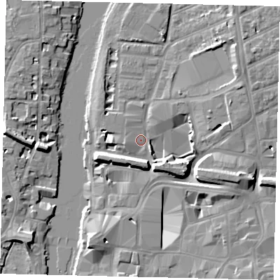 Shaded relief map of the ground around KT25FJ, computed from Environment Agency LiDAR. The ground here sits at about 7 m above sea level and falls 10 m across the surrounding 800 m. Surface water reaching this point runs off ground lying to the east-south-east, 7.8 m higher.