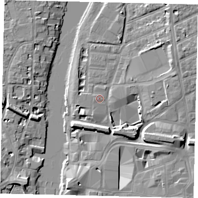 Shaded relief map of the ground around KT25FL, computed from Environment Agency LiDAR. The ground here sits at about 7 m above sea level and falls 10 m across the surrounding 800 m. Surface water reaching this point runs off ground lying to the south-south-west, 0.9 m higher.