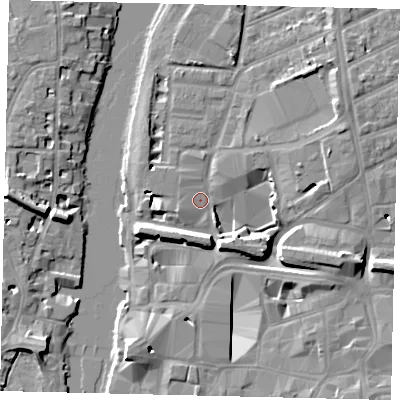 Shaded relief map of the ground around KT25FP, computed from Environment Agency LiDAR. The ground here sits at about 7 m above sea level and falls 10 m across the surrounding 800 m. Surface water reaching this point runs off ground lying to the east-north-east, 2.9 m higher.