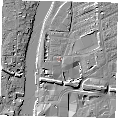 Shaded relief map of the ground around KT25FR, computed from Environment Agency LiDAR. The ground here sits at about 7 m above sea level and falls 10 m across the surrounding 800 m. Surface water reaching this point runs off ground lying to the east, 2.9 m higher.
