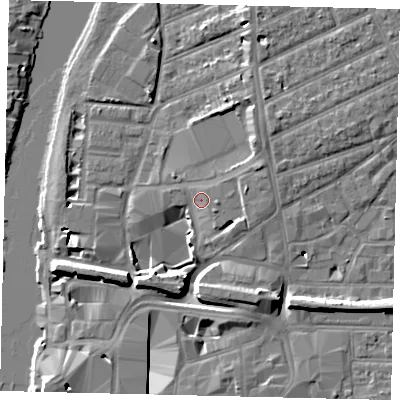 Shaded relief map of the ground around KT25FY, computed from Environment Agency LiDAR. The ground here sits at about 8 m above sea level and falls 10 m across the surrounding 800 m. Surface water reaching this point runs off ground lying to the east, 1.5 m higher.
