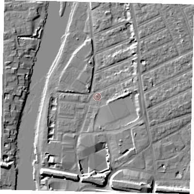 Shaded relief map of the ground around KT25HP, computed from Environment Agency LiDAR. The ground here sits at about 7 m above sea level and falls 9 m across the surrounding 800 m. Surface water reaching this point runs off ground lying to the east-south-east, 4.8 m higher.