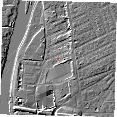 Shaded relief map of the ground around KT25HR, computed from Environment Agency LiDAR. The ground here sits at about 7 m above sea level and falls 9 m across the surrounding 800 m. Surface water reaching this point runs off ground lying to the south-east, 3.7 m higher.