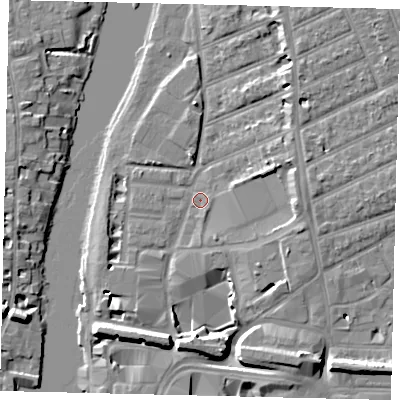 Shaded relief map of the ground around KT25LQ, computed from Environment Agency LiDAR. The ground here sits at about 6 m above sea level and falls 9 m across the surrounding 800 m. Surface water reaching this point runs off ground lying to the east, 4.6 m higher.