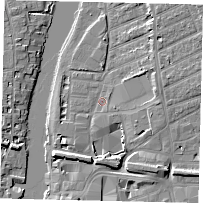 Shaded relief map of the ground around KT25ND, computed from Environment Agency LiDAR. The ground here sits at about 7 m above sea level and falls 10 m across the surrounding 800 m. Surface water reaching this point runs off ground lying to the south-south-east, 1.2 m higher.