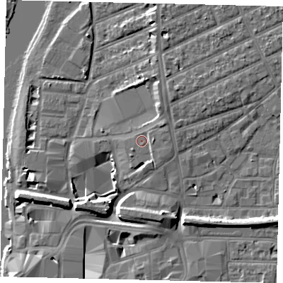 Shaded relief map of the ground around KT25NZ, computed from Environment Agency LiDAR. The ground here sits at about 8 m above sea level and falls 10 m across the surrounding 800 m. Surface water reaching this point runs off ground lying to the south-west, 0.7 m higher.
