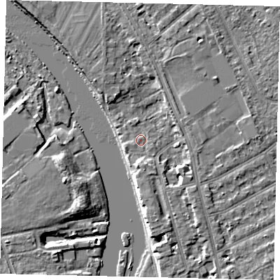 Shaded relief map of the ground around KT25SL, computed from Environment Agency LiDAR. The ground here sits at about 7 m above sea level and falls 5 m across the surrounding 800 m. Surface water reaching this point runs off ground lying to the north-north-east, 3.5 m higher.