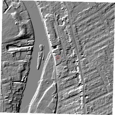 Shaded relief map of the ground around KT25SP, computed from Environment Agency LiDAR. The ground here sits at about 8 m above sea level and falls 6 m across the surrounding 800 m. Surface water reaching this point runs off ground lying to the east-south-east, 0.8 m higher.