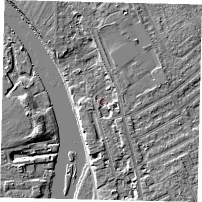 Shaded relief map of the ground around KT25SU, computed from Environment Agency LiDAR. The ground here sits at about 7 m above sea level and falls 5 m across the surrounding 800 m. Surface water reaching this point runs off ground lying to the east-south-east, 3.4 m higher.