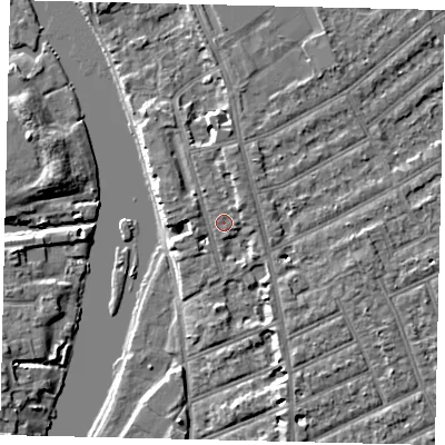 Shaded relief map of the ground around KT25SW, computed from Environment Agency LiDAR. The ground here sits at about 8 m above sea level and falls 6 m across the surrounding 800 m. Surface water reaching this point runs off ground lying to the north-east, 1.4 m higher.
