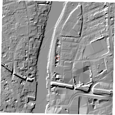 Shaded relief map of the ground around KT25UL, computed from Environment Agency LiDAR. The ground here sits at about 6 m above sea level and falls 10 m across the surrounding 800 m. Surface water reaching this point runs off ground lying to the north-west, 3.6 m higher.