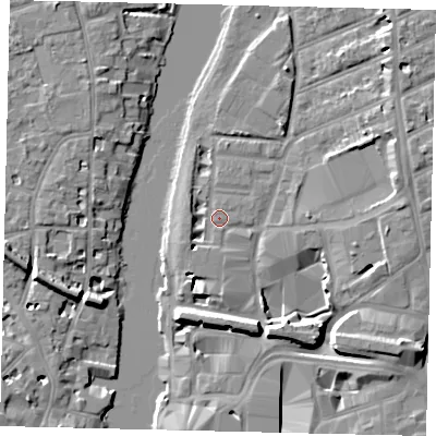 Shaded relief map of the ground around KT25UN, computed from Environment Agency LiDAR. The ground here sits at about 7 m above sea level and falls 10 m across the surrounding 800 m. Surface water reaching this point runs off ground lying to the south-west, 3.6 m higher.