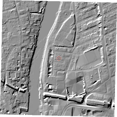 Shaded relief map of the ground around KT25UR, computed from Environment Agency LiDAR. The ground here sits at about 7 m above sea level and falls 9 m across the surrounding 800 m. Surface water reaching this point runs off ground lying to the north-north-east, 0.6 m higher.