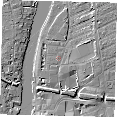 Shaded relief map of the ground around KT25US, computed from Environment Agency LiDAR. The ground here sits at about 7 m above sea level and falls 10 m across the surrounding 800 m. Surface water reaching this point runs off ground lying to the south-west, 1.2 m higher.