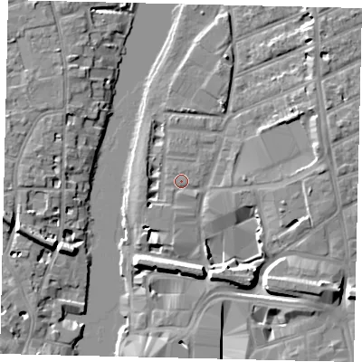 Shaded relief map of the ground around KT25UT, computed from Environment Agency LiDAR. The ground here sits at about 7 m above sea level and falls 10 m across the surrounding 800 m. Surface water reaching this point runs off ground lying to the south-south-west, 1.2 m higher.