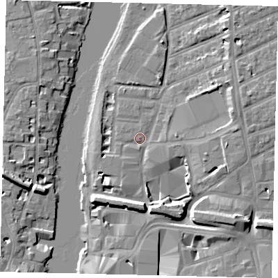 Shaded relief map of the ground around KT25UU, computed from Environment Agency LiDAR. The ground here sits at about 7 m above sea level and falls 10 m across the surrounding 800 m. Surface water reaching this point runs off ground lying to the east-south-east, 2.9 m higher.