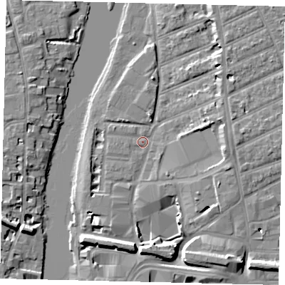 Shaded relief map of the ground around KT25UX, computed from Environment Agency LiDAR. The ground here sits at about 7 m above sea level and falls 9 m across the surrounding 800 m. Surface water reaching this point runs off ground lying to the east, 4.7 m higher.