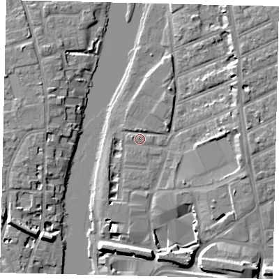 Shaded relief map of the ground around KT25UY, computed from Environment Agency LiDAR. The ground here sits at about 7 m above sea level and falls 9 m across the surrounding 800 m. Surface water reaching this point runs off ground lying to the north, 1.5 m higher.