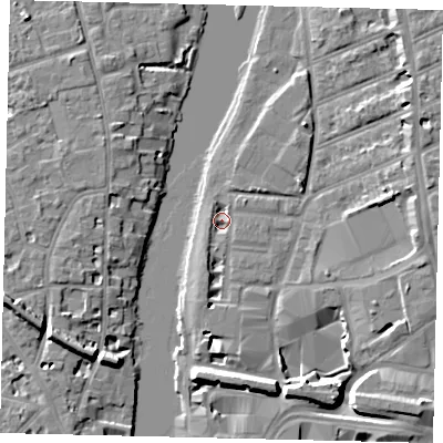 Shaded relief map of the ground around KT25UZ, computed from Environment Agency LiDAR. The ground here sits at about 6 m above sea level and falls 9 m across the surrounding 800 m. Surface water reaching this point runs off ground lying to the south-south-west, 3.6 m higher.