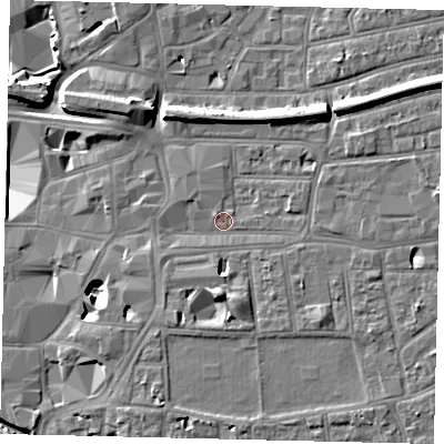 Shaded relief map of the ground around KT26ND, computed from Environment Agency LiDAR. The ground here sits at about 8 m above sea level and falls 11 m across the surrounding 800 m. Surface water reaching this point runs off ground lying to the south-east, 2.8 m higher.