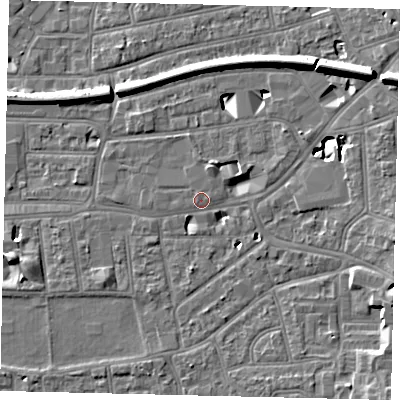 Shaded relief map of the ground around KT26NH, computed from Environment Agency LiDAR. The ground here sits at about 10 m above sea level and falls 11 m across the surrounding 800 m. Surface water reaching this point runs off ground lying to the south-east, 6.3 m higher.