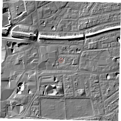 Shaded relief map of the ground around KT26NQ, computed from Environment Agency LiDAR. The ground here sits at about 8 m above sea level and falls 11 m across the surrounding 800 m. Surface water reaching this point runs off ground lying to the south-south-east, 2.8 m higher.