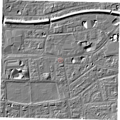 Shaded relief map of the ground around KT26PX, computed from Environment Agency LiDAR. The ground here sits at about 10 m above sea level and falls 10 m across the surrounding 800 m. Surface water reaching this point runs off ground lying to the south-east, 5.2 m higher.