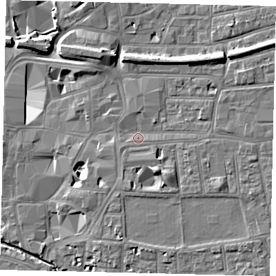 Shaded relief map of the ground around KT26QD, computed from Environment Agency LiDAR. The ground here sits at about 9 m above sea level and falls 11 m across the surrounding 800 m. Surface water reaching this point runs off ground lying to the south-south-east, 5.4 m higher.