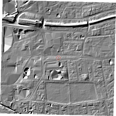 Shaded relief map of the ground around KT26QF, computed from Environment Agency LiDAR. The ground here sits at about 9 m above sea level and falls 11 m across the surrounding 800 m. Surface water reaching this point runs off ground lying to the south-south-east, 5.1 m higher.