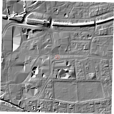 Shaded relief map of the ground around KT26QG, computed from Environment Agency LiDAR. The ground here sits at about 8 m above sea level and falls 11 m across the surrounding 800 m. Surface water reaching this point runs off ground lying to the south-south-east, 5.4 m higher.